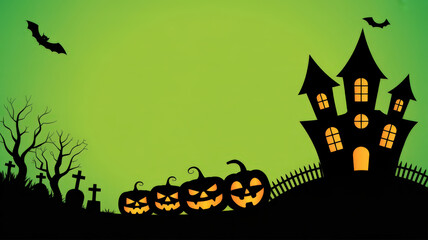 Halloween haunted house with pumpkins and bats on green background