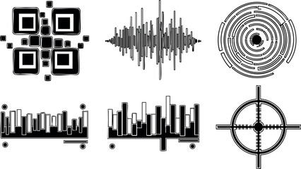 Obraz premium Abstract black digital data symbols and sound wave vector illustration set 