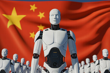 Stark White Humanoid Robots in Precise Formation Before Chinese Flag, Symbolizing Unity, Strength, and the Rise of AI-Driven Technological Power in China