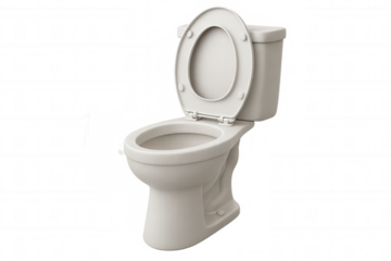 White ceramic toilet bowl with open lid, isolated on transparent background, representing bathroom fixtures and sanitation