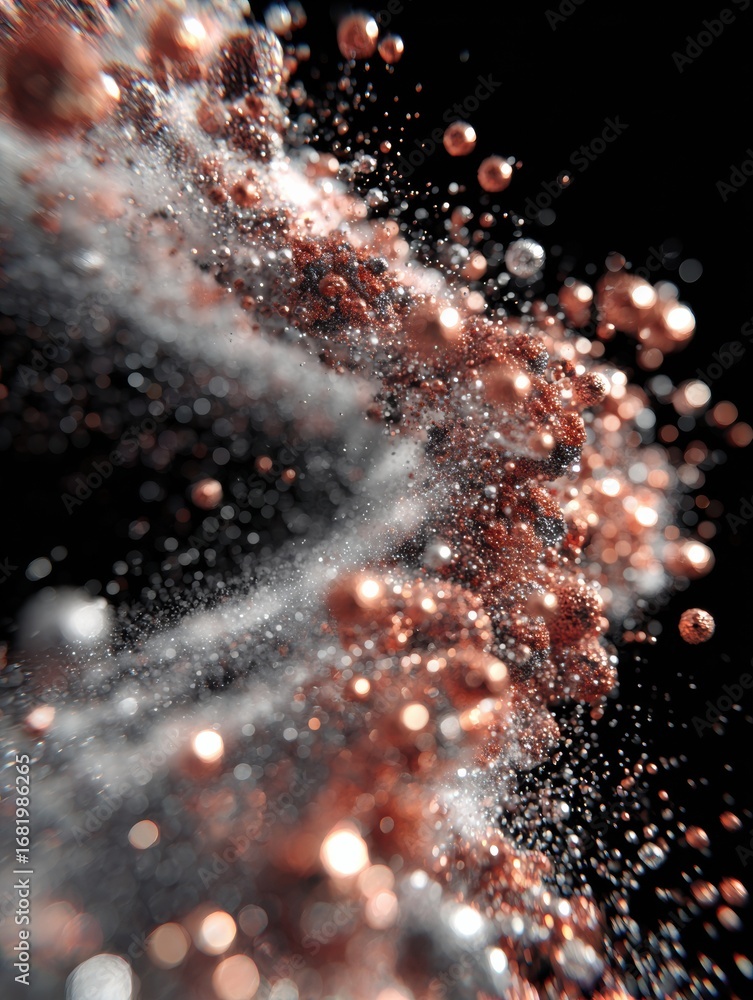 Poster metallic particles scatter and swirl in an artistic composition, creating a mesmerizing effect of mo