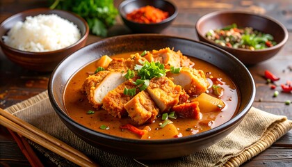 Fototapeta premium Aromatic curry with crispy fried tofu, served in a dark bowl, alongside a portion of rice.