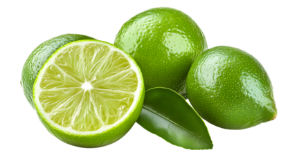 Fresh Green Limes with Leaves on Transparent Backdrop