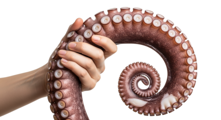 Close up of a human hand holding a freshly cooked octopus tentacle with suction cups detail isolated on white background