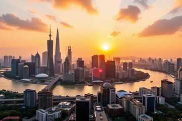 Stunning Shanghai skyline panorama at sunset, showcasing iconic skyscrapers and the Huangpu River. Golden hour light bathes the cityscape in warm hues, city, highrise