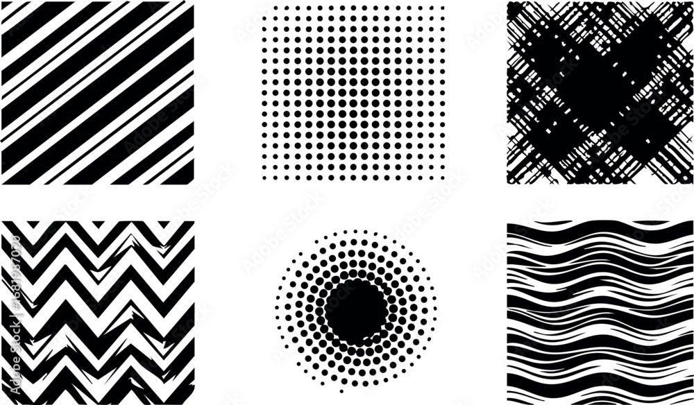 Poster black and white geometric patterns vector set with dots stripes and waves design elements