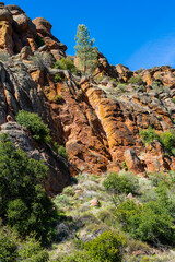 Hiking views of the red rock formations and landscape at Pinnacles National Park 