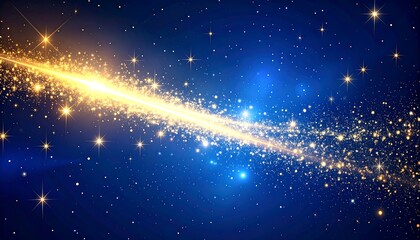 A dazzling celestial display features a luminous streak of golden light across a dark blue night sky, filled with twinkling stars.