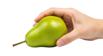 Hand holding a fresh ripe green pear with a white background and isolated on a white surface displaying its natural texture and healthy goodness