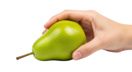Hand holding a fresh ripe green pear with a white background and isolated on a white surface displaying its natural texture and healthy goodness