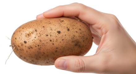 Holding One Fresh Raw Potato Covered In Dirt In A Hand On A White Background