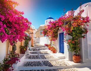 Obraz premium beautiful street with flowers santorini greece colorful