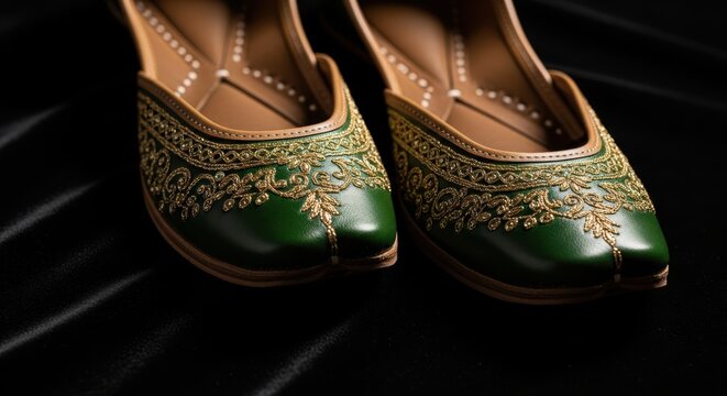 Green traditional embroidered jutti on black fabric background