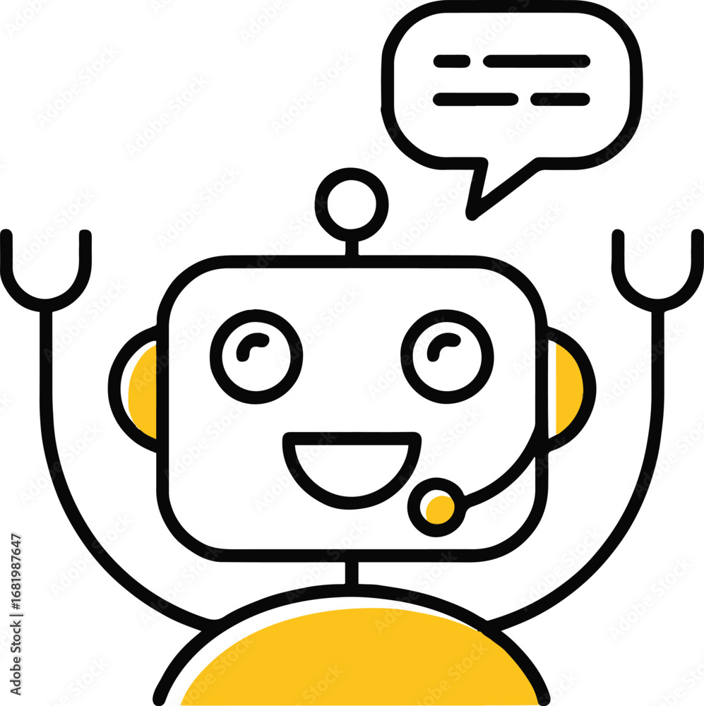 Poster a friendly robot with a speech bubble, representing the concept of customer service, online support,