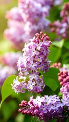 Clusters of vibrant lilac blossoms display a soft, pastel palette against a background of out-of-focus greenery, showcasing a springtime garden scene.
