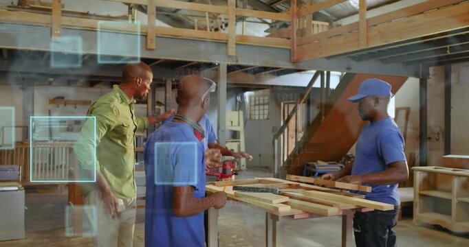 Instructor entering woodshop guiding trainees measuring planks with tape and marking for precision