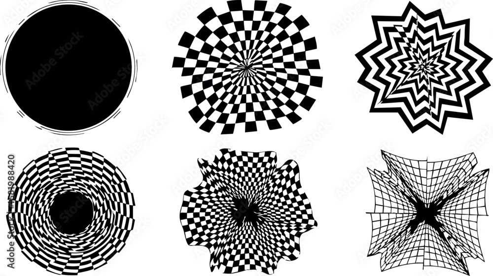Poster abstract black and white optical illusion patterns vector set with geometric shapes and swirl design