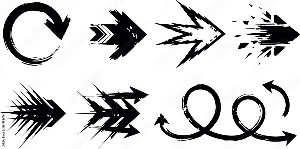 Poster grunge black arrows vector set with circular and spiral shapes for design projects