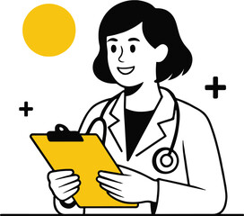 Illustration of a female doctor holding a clipboard, reviewing medical records and patient information, isolated on white background, representing healthcare, medicine, and professional expertise in a