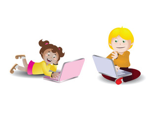 illustration of a two children using laptop to do daily task on isolated white background