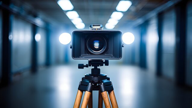 Vintage Camera on Tripod in Dark Blue Studio Setting