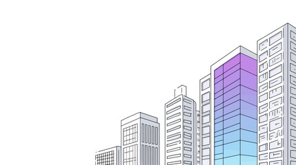 Stylized line art of city skyscrapers with a vibrant purple and blue gradient facade.
