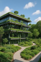 Fototapeta premium Modern eco-office building with sustainable architecture and green workspace environment