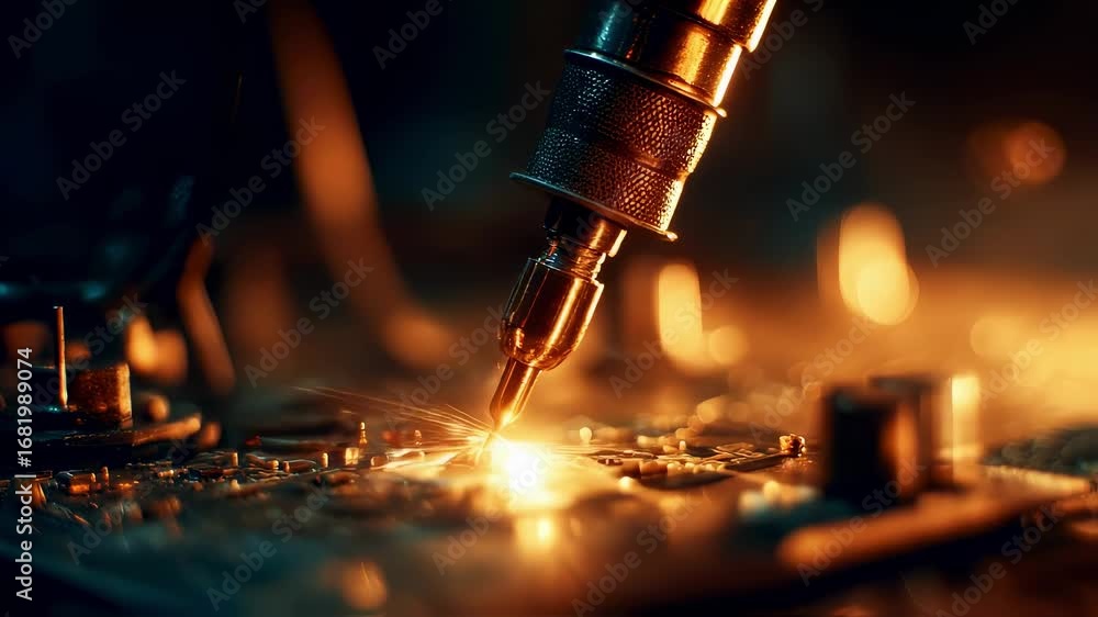Poster medium shot of soldering iron melting solder on pcb primary action sharp communal tables toolboxes a