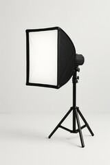 Studio softbox light on tripod stand against white background