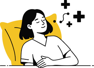 Illustration of a serene woman sleeping peacefully on a yellow pillow, isolated on white background, conveying a sense of relaxation, wellness, and positive mental health in a simple and modern design