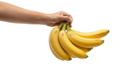 A hand holding a bunch of ripe yellow bananas against a clean white background a healthy fruit snack for everyone