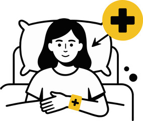 Illustration of a woman in bed using a health monitoring device, isolated on white background, showcasing modern healthcare technology and wellness tracking for patient care and support in a simple de
