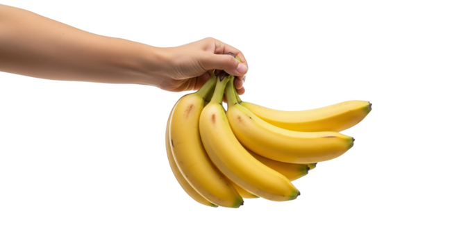 A hand holding a bunch of ripe yellow bananas against a clean white background a healthy fruit snack for everyone