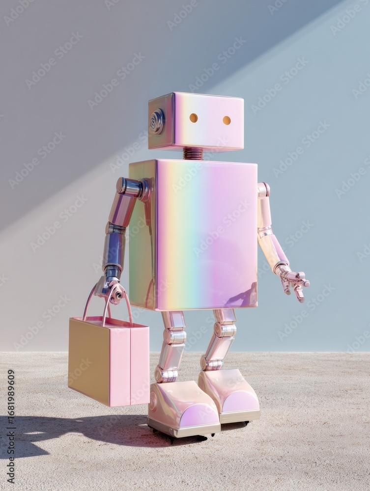 Poster a colorful robot with a shiny, square body is carrying a bag while standing on a light surface, set 