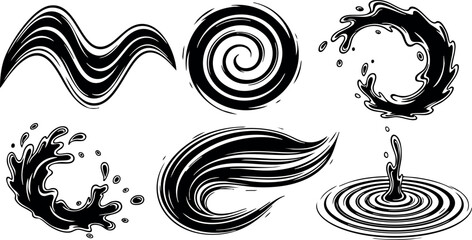 Fototapeta premium Various water splash and wave shapes black vector illustration design elements 