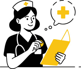 Illustration of a nurse holding a medical record and thinking about a plus sign, representing healthcare and patient care, isolated on white background