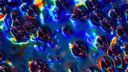Abstract holographic bubble clusters, colorful neon liquid surface, psychedelic rainbow texture background