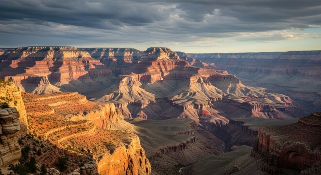 Majestic grand canyon landscape with dramatic skies and sunlit cliffs