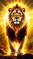 Naklejka premium A majestic fiery lion with a powerful mood, personifying strength against the backdrop of a sunny glowing landscape.