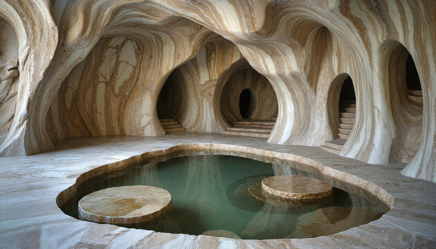 Luxurious indoor marble pool in a modern cave-like style in brown and cream colors for relaxation and wellness