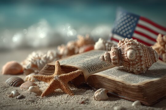 Seashells and an open book on the sand with a flag in the background at the beach during daylight - Powered by Adobe