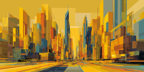 Vibrant geometric city street scene with abstract skyscrapers in a warm golden light.