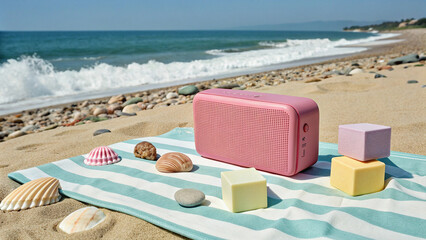 Pink portable speaker on beach towel with seashells and ocean waves