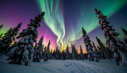Naklejka premium Northern Lights over a snowy forest (1)