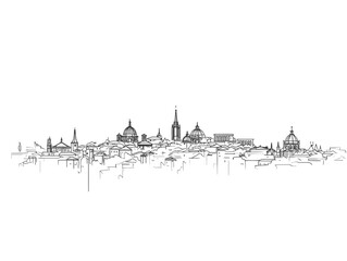 Fototapeta premium Hand-drawn architectural sketch of the Lyon France skyline a minimalist black and white panorama with iconic domes and spires.