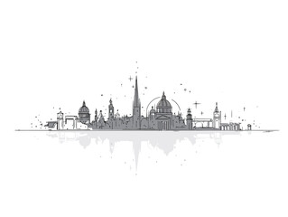 Obraz premium Monochrome hand-drawn city skyline illustration with architectural domes spires and a watery reflection.