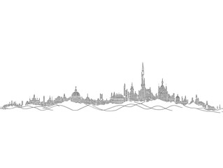 Stylized grey line art of a fantasy city skyline with various towers on an undulating base.