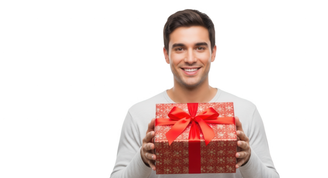 Smiling man holding a red gift box with a red ribbon on a black background with colorful dots suggesting a festive celebration