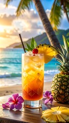 A vibrant tropical cocktail, garnished with pineapple and flowers, sits on a wooden table by the ocean, bathed in golden sunlight.