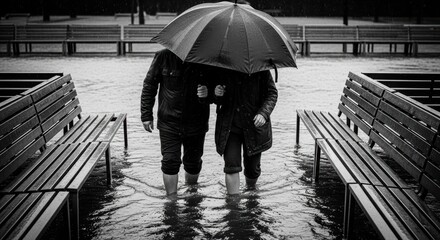 Couple walking in rain with umbrella through flooded park in black and white
